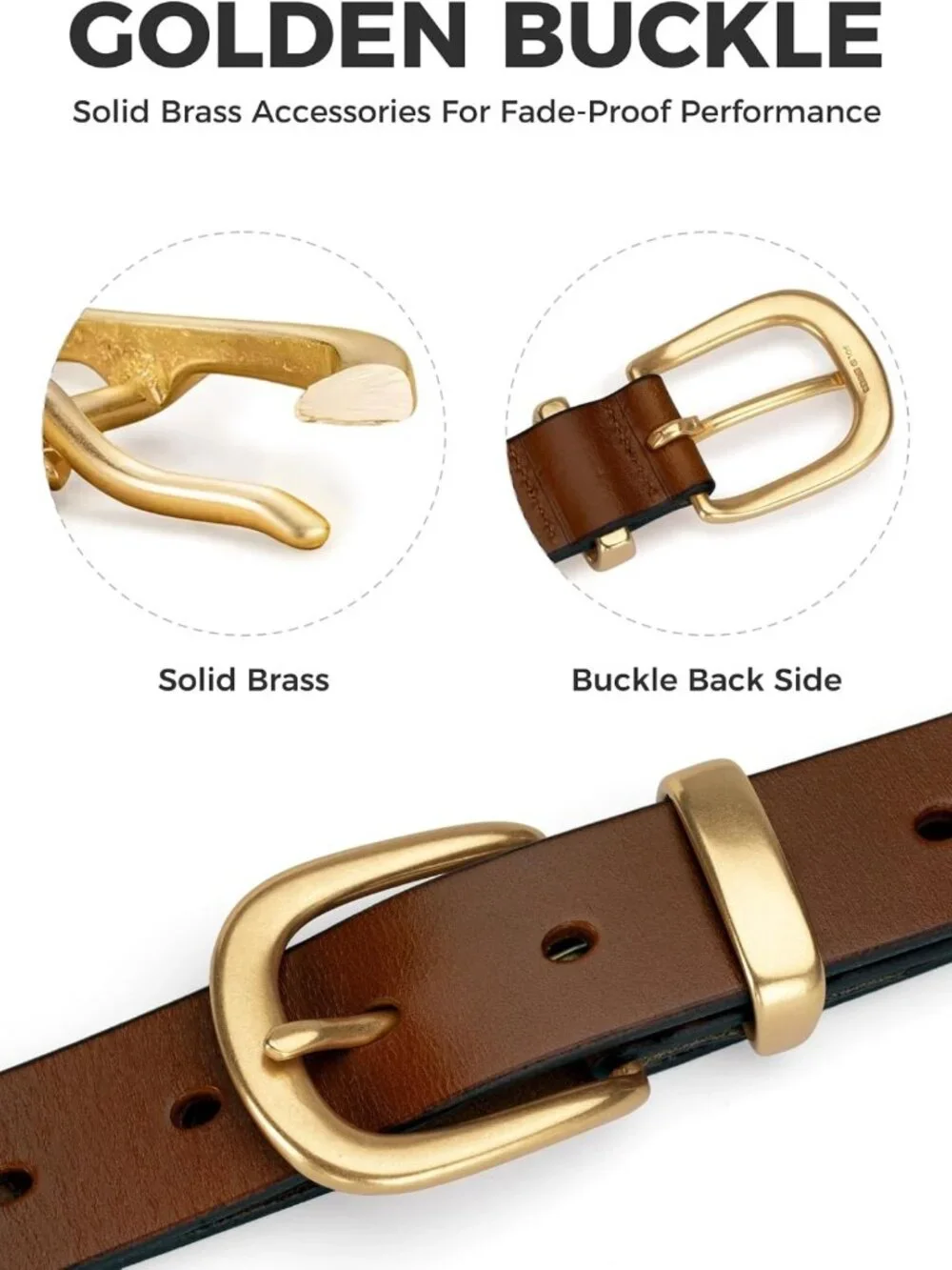 Stylish Women's Full Grain Leather Belt for Jeans & Dresses, Gold Buckle Gift